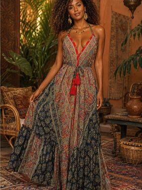 Bohemian Red & Navy Halter Maxi Dress one Sz S/XL